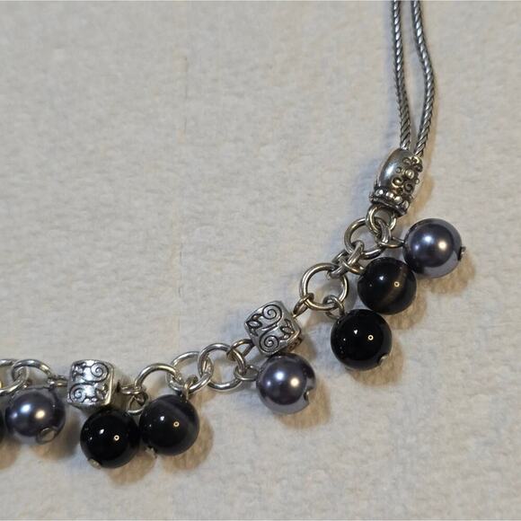 Dangling Bead Necklace Black Gray Silver Tone Chain Fashion Jewelry - Picture 8 of 9
